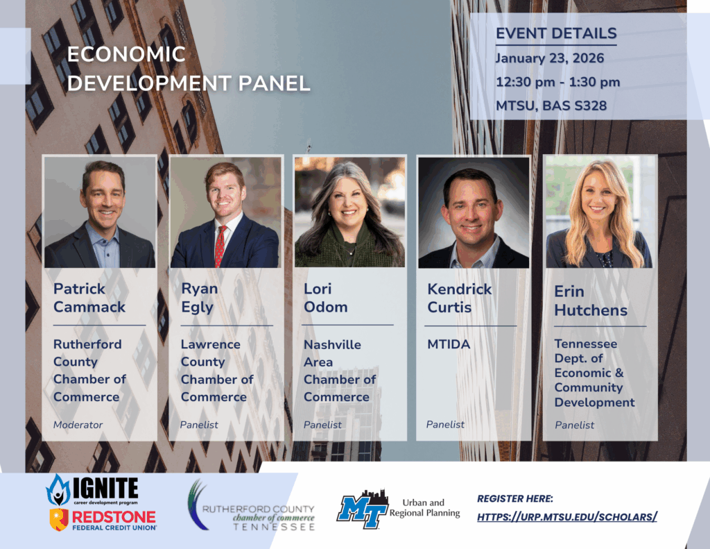 Photos of panelists in front of city buildings.