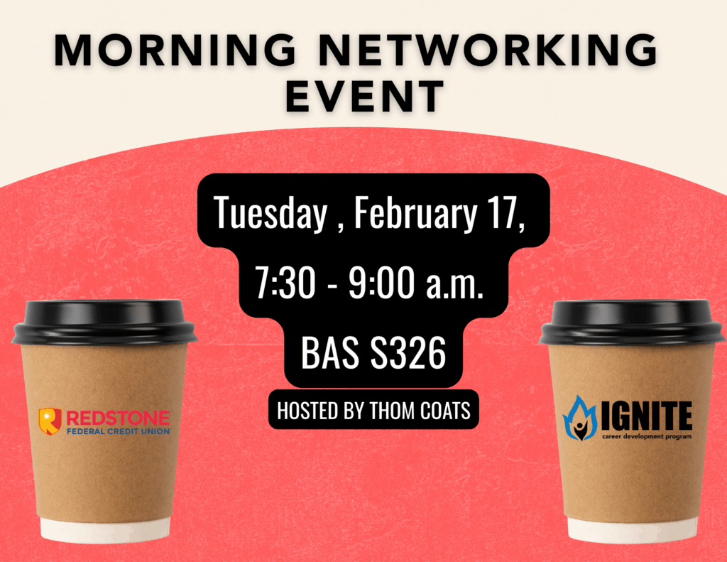 Two coffee cups with date, time, location of Morning Networking event.