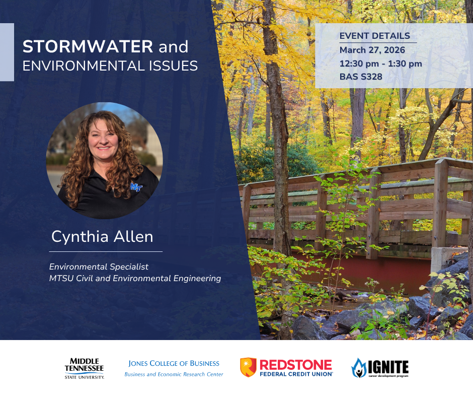 Stormwater & Environmental Issues
Speaker Cynthia Allen
Environmental Specialist
MTSU Civil and Environmental Engineering
Friday, March 27
12:30-1:30 pm
BAS S328
