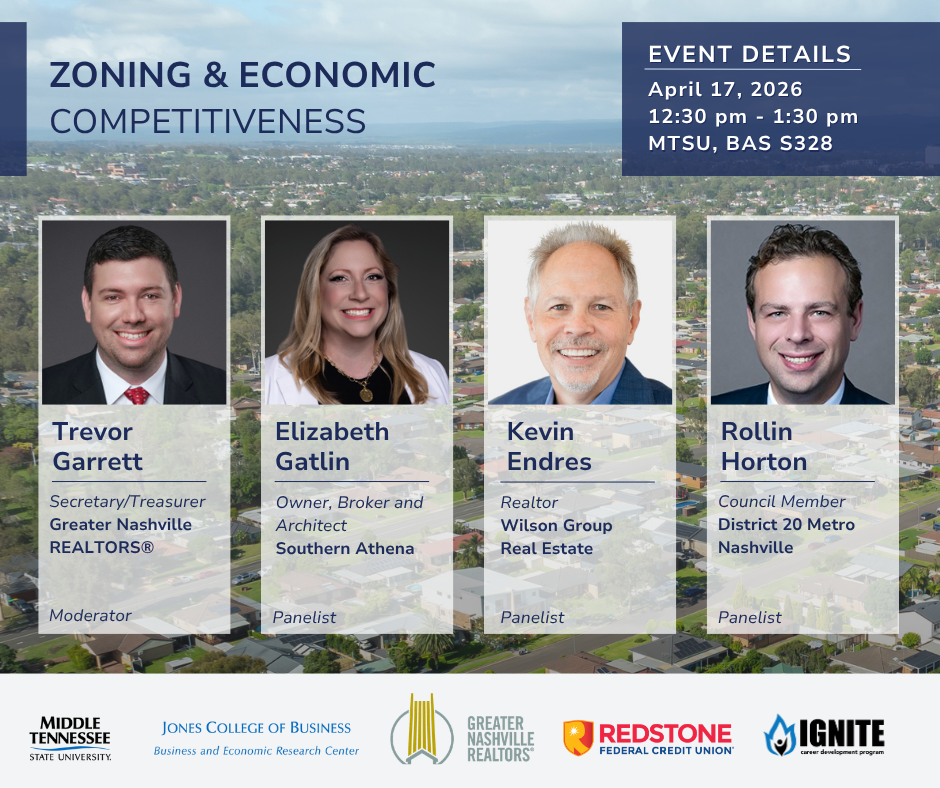 Event Title, date, time, location.
Photos of speakers
Trevor Garrett, Secretary/Treasurer, Greater Nashville Realtors, Moderator
Elizabeth Gatlin, Owner, Broker, and Architect, Southern Athena, Panelist
Kevin Endres, REaltor, Wilson Group Real Estate, Panelist
Rollin Horton, Council Memer, District 20 Metro Nashville, Panelist
IGNITE sponsored by Redstone.